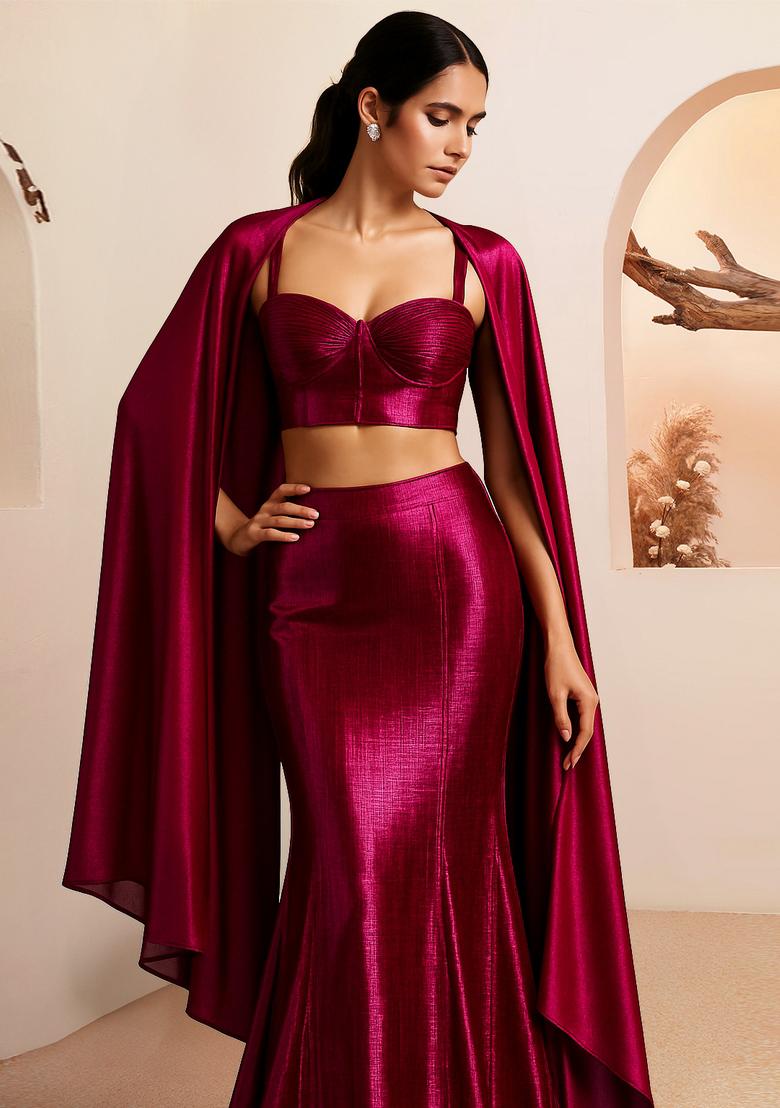 Magenta Weaving Knit Lehenga Set - Indya