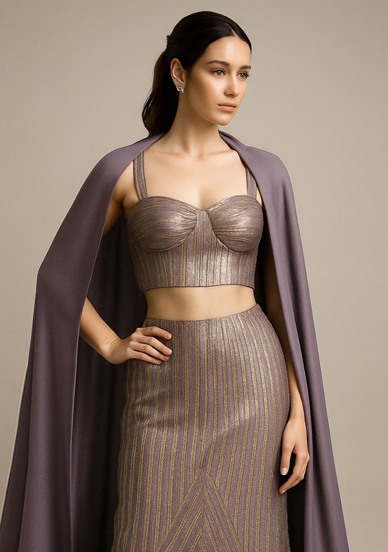 Gold Foil Printed Knit Lehenga Set - Indya