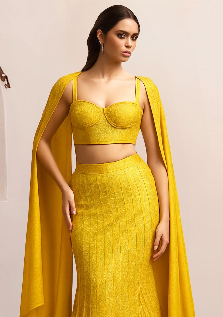 Yellow Weaving Knit Lehenga Set - Indya