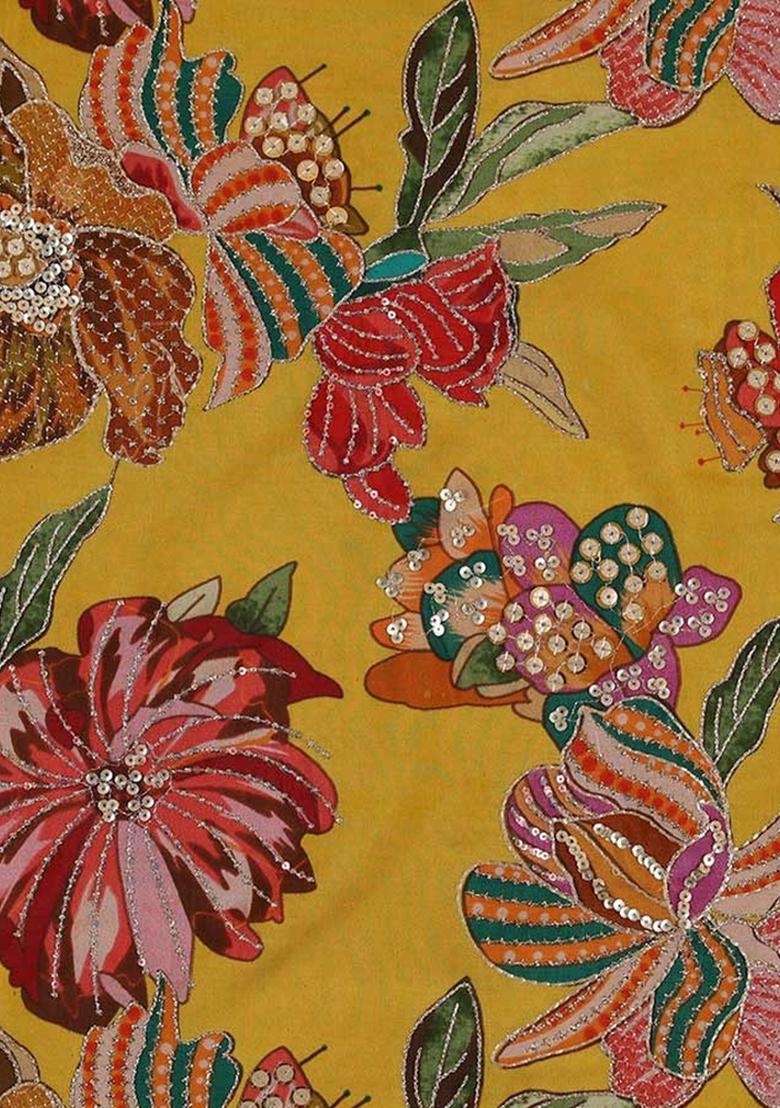 Yellow Printed Oragnza Lehenga Set - Indya