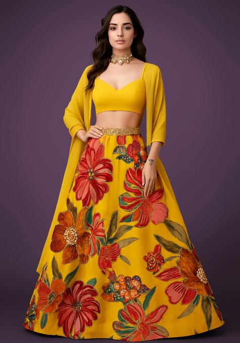 Yellow Printed Oragnza Lehenga Set