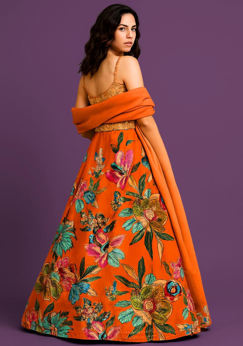 Orange Embroidered Oragnza Lehenga Set - Indya