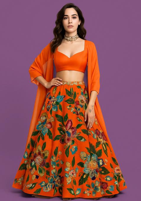 Orange Embroidered Oragnza Lehenga Set