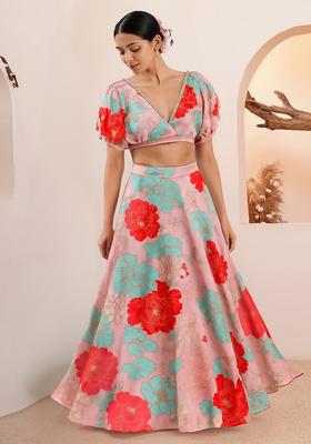 Pink Printed Satin Lehenga Set