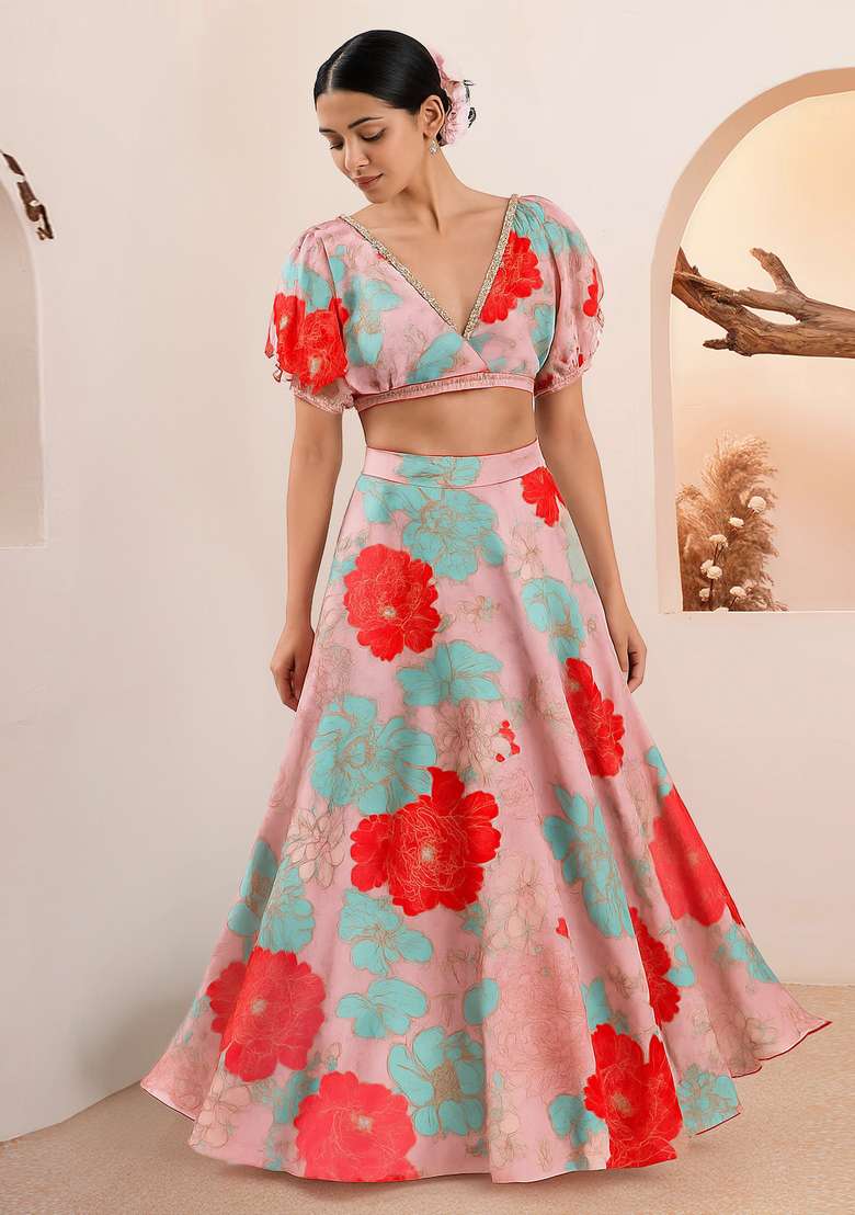 Pink Printed Satin Lehenga Set for Diwali and Festive Wear - Indya