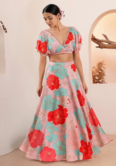 Pink Printed Satin Lehenga Set