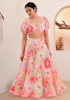 Pink Printed Satin Lehenga Set