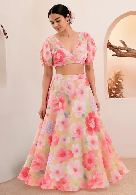 Pink Printed Satin Lehenga Set