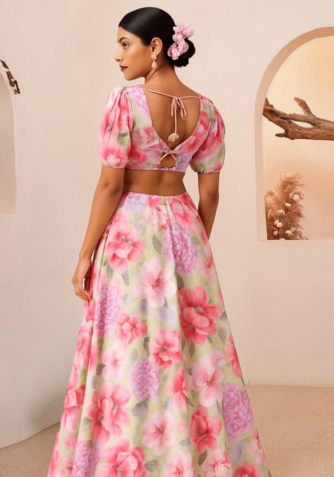 Pink Printed Satin Lehenga Set