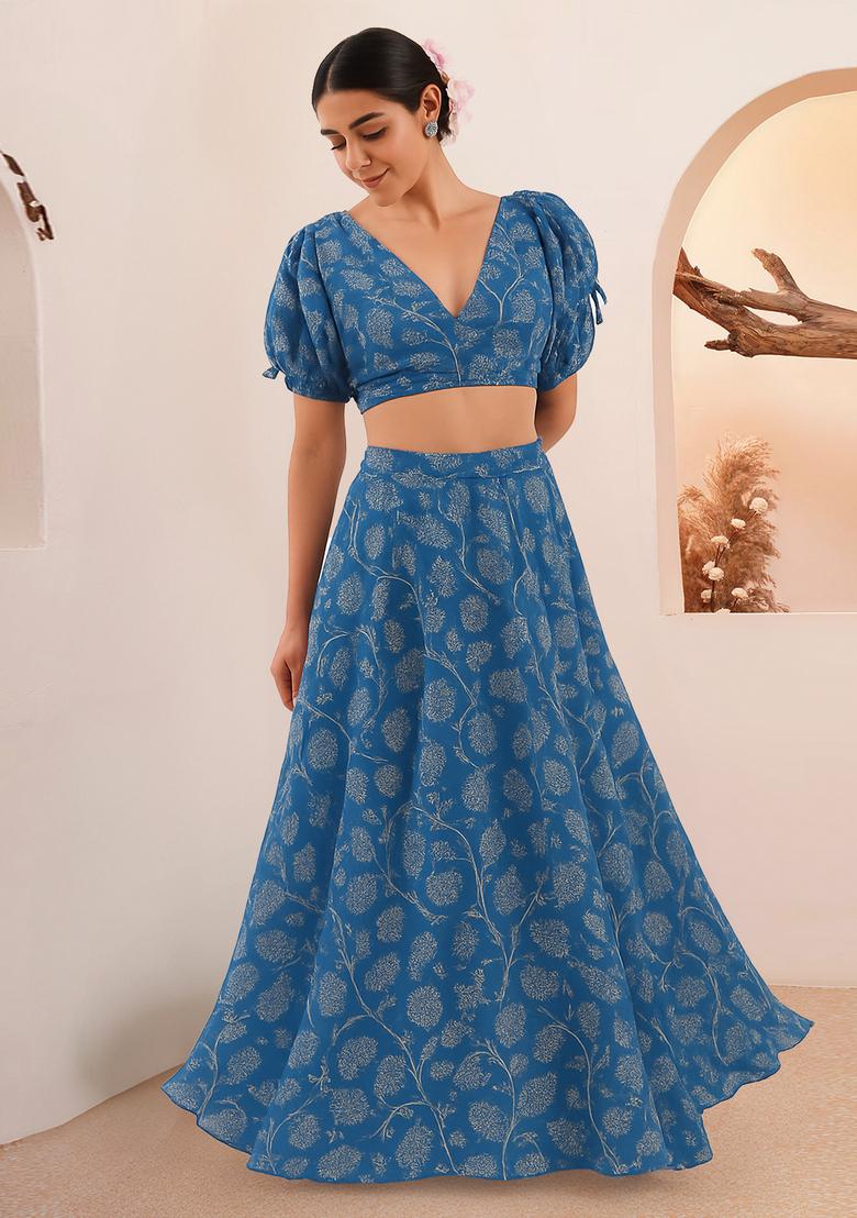 Blue Printed Rayon Lehenga Set - Indya