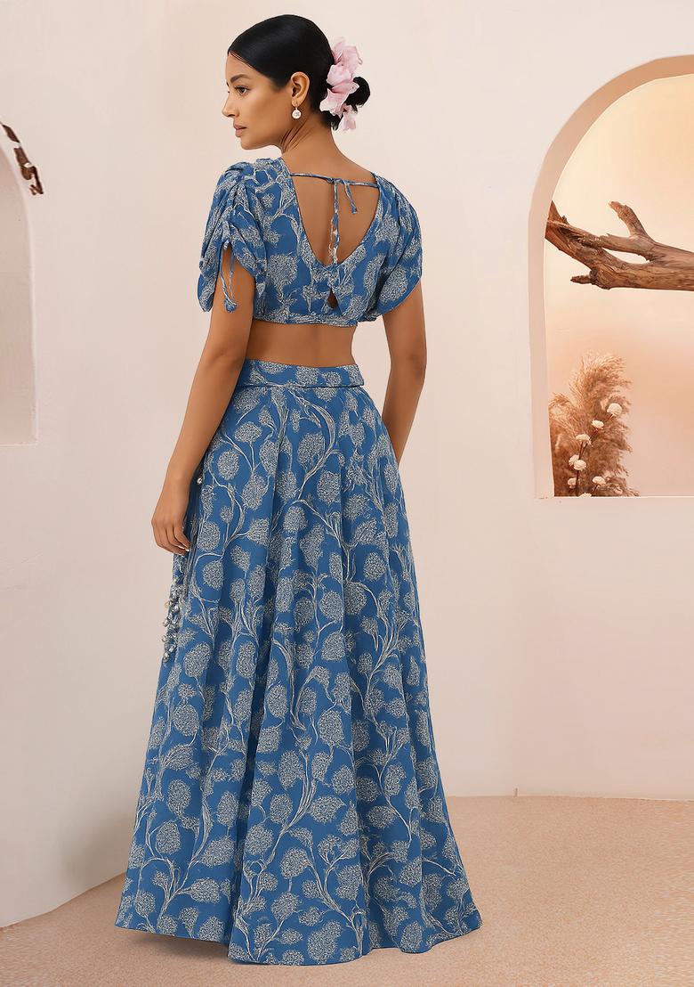 Blue Printed Rayon Lehenga Set - Indya
