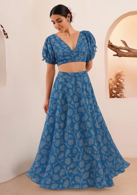 Blue Printed Rayon Lehenga Set