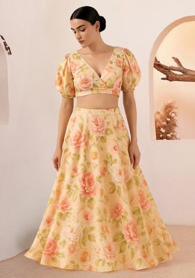 Yellow Printed Rayon Lehenga Set