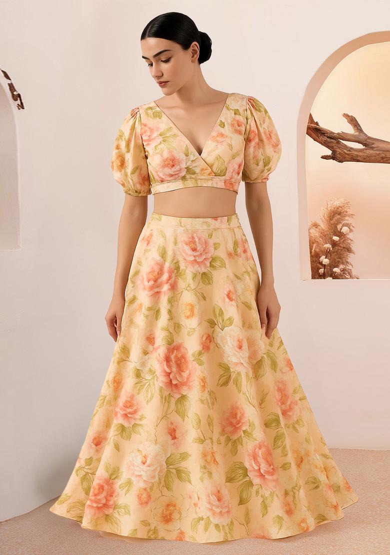 Yellow Printed Rayon Lehenga Set