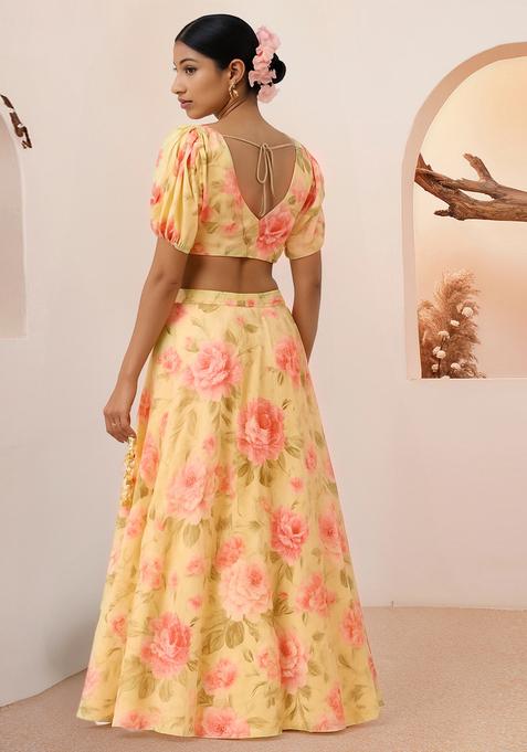 Yellow Printed Rayon Lehenga Set