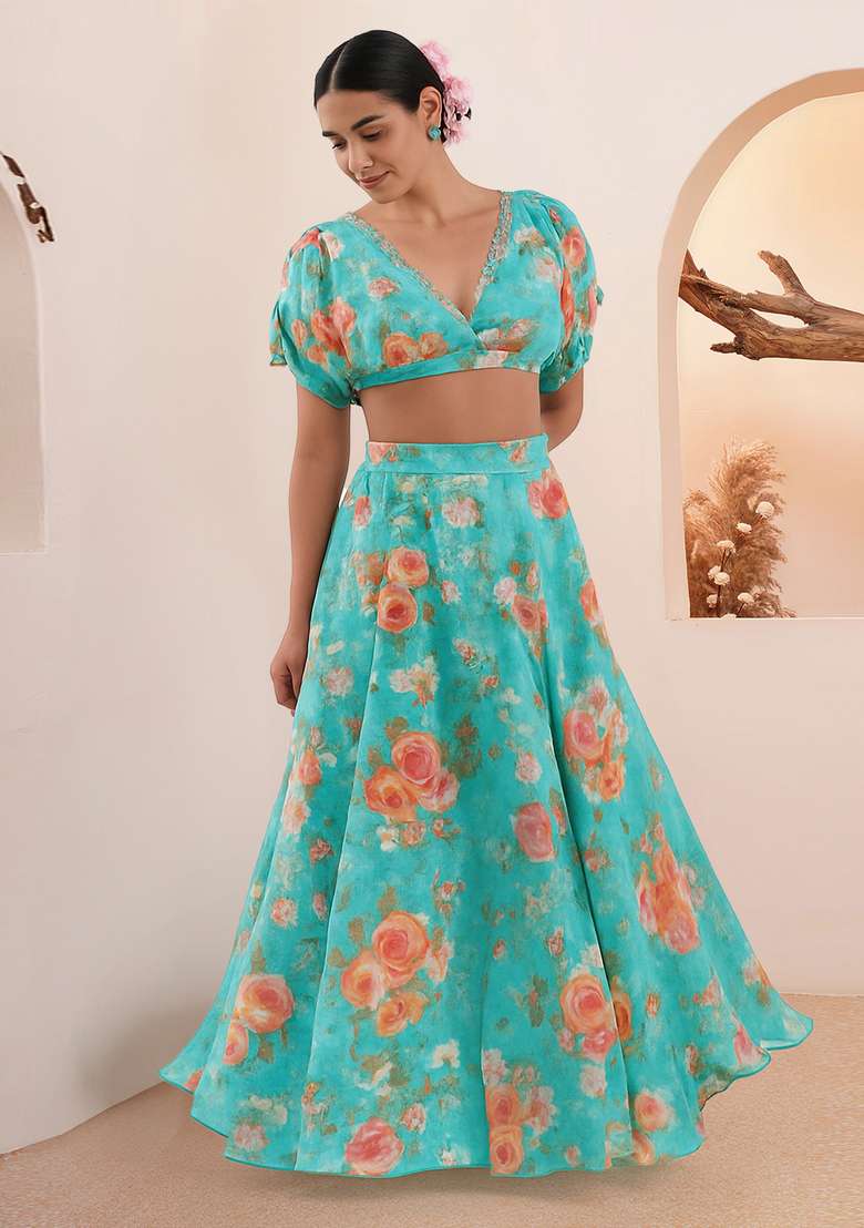Blue Silk Blend Lehenga Set with Printed for Diwali | Wedding & Festive Wear - Indya