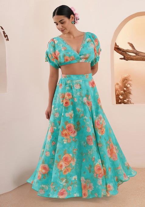 Blue Printed Silk Lehenga Set