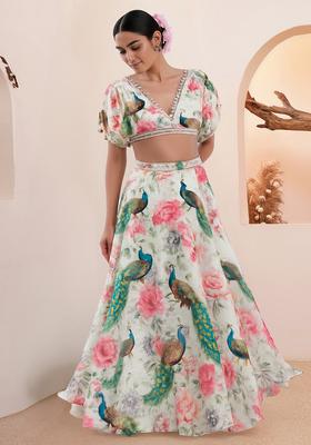 Multicolor Printed Chinon Lehenga Set
