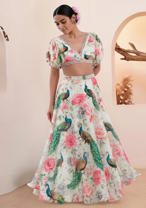 Multicolor Printed Chinon Lehenga Set