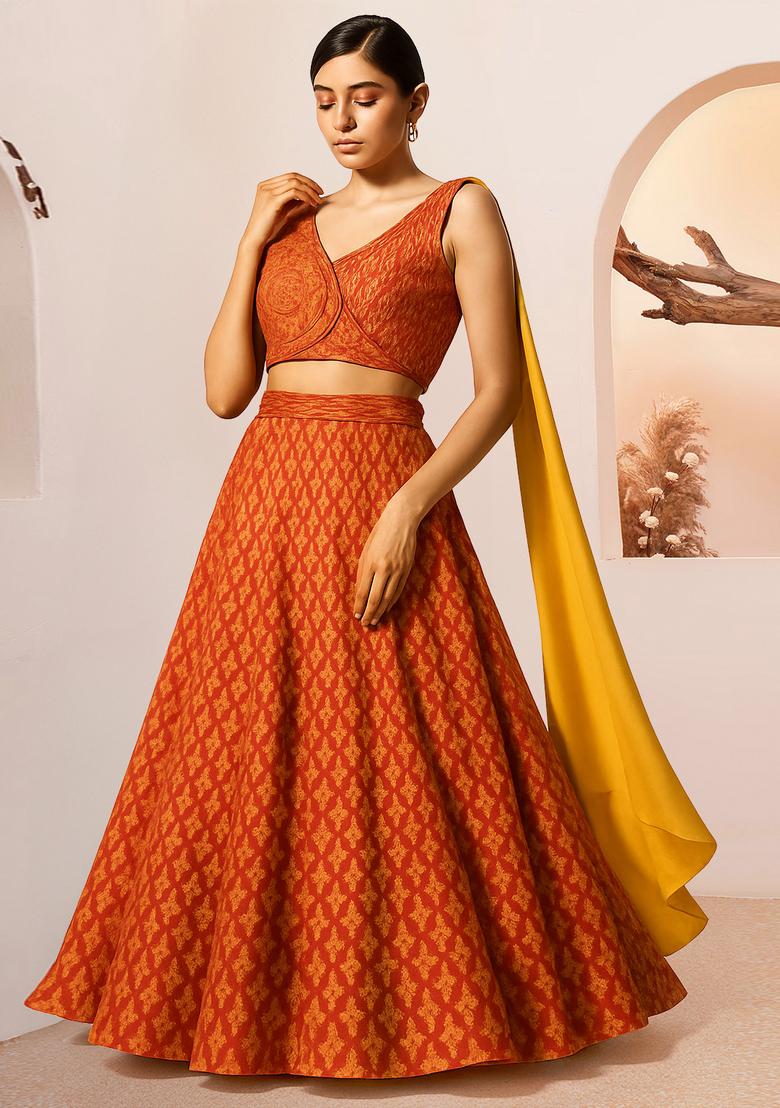 Orange Printed Silk Lehenga Set