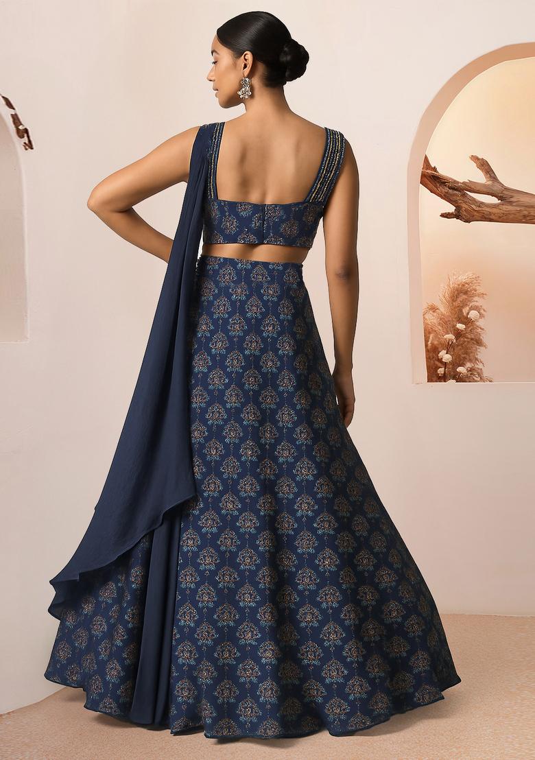 Blue Printed Silk Lehenga Set - Indya