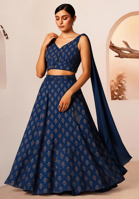 Blue Printed Silk Lehenga Set