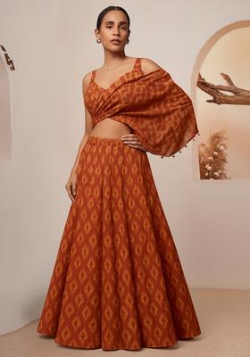 Orange Printed Silk Lehenga Set