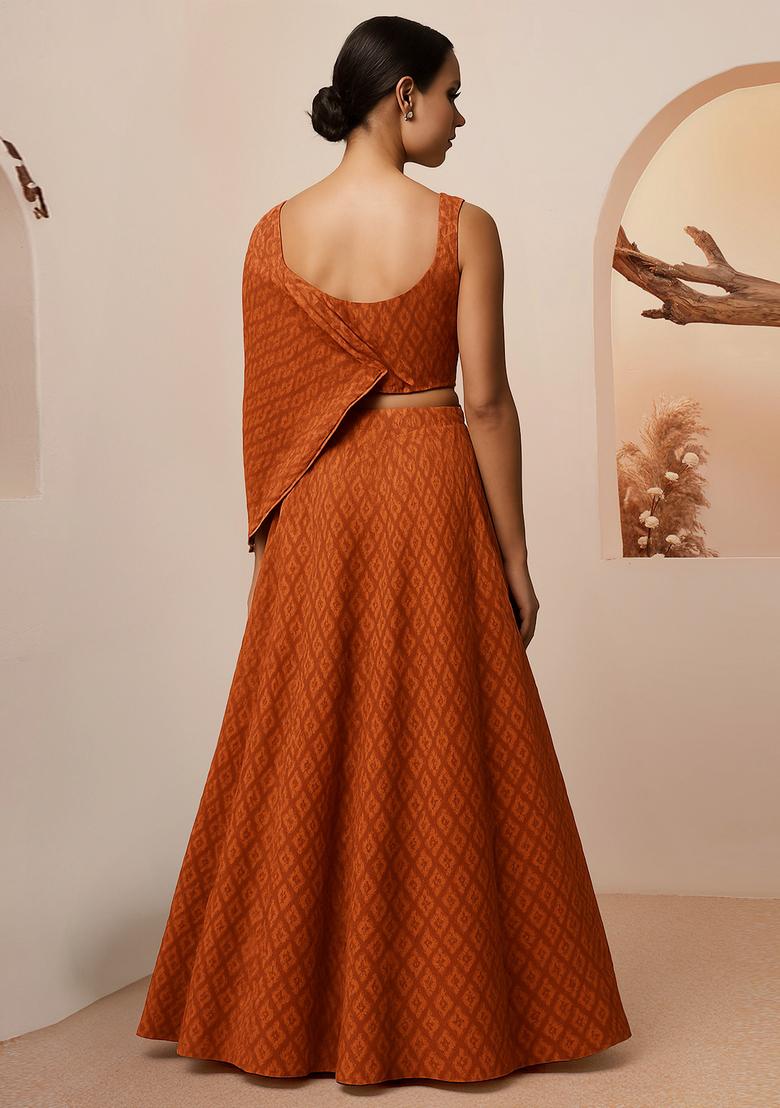 Orange Printed Silk Lehenga Set - Indya