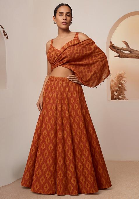 Orange Printed Silk Lehenga Set