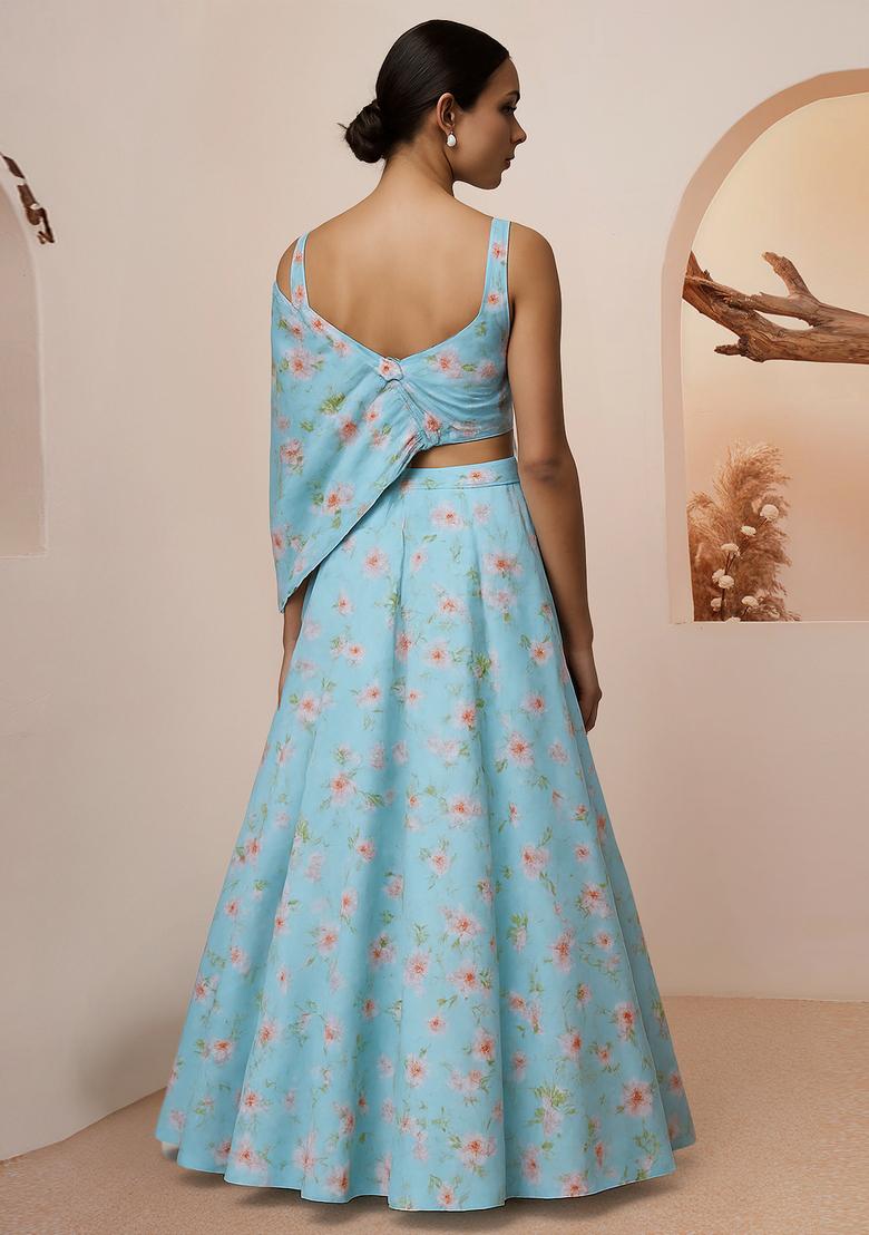 Blue Printed Silk Lehenga Set - Indya