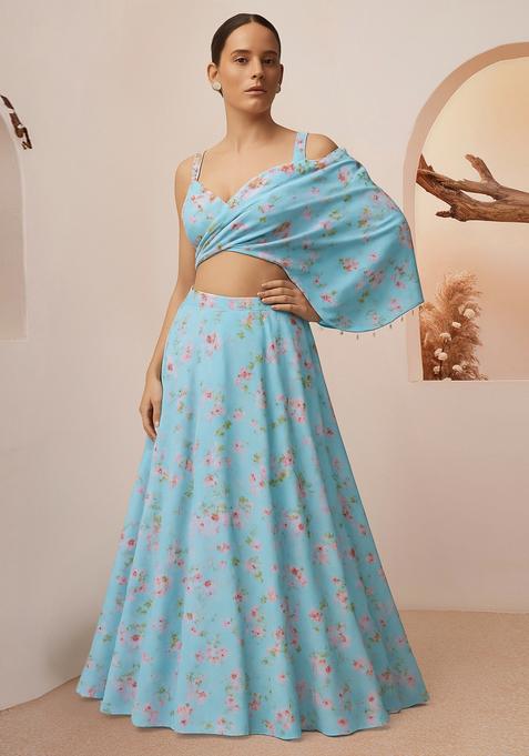 Blue Printed Silk Lehenga Set