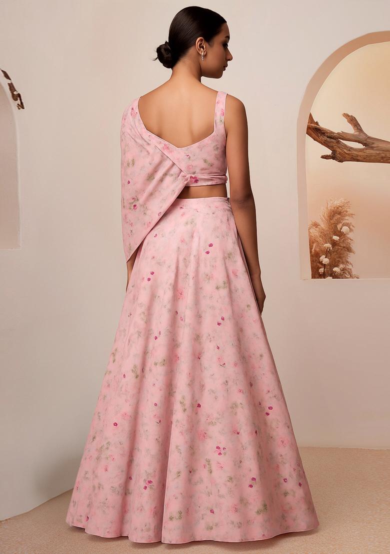 Pink Printed Silk Lehenga Set