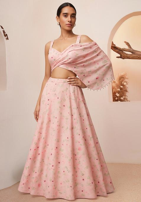 Pink Printed Silk Lehenga Set