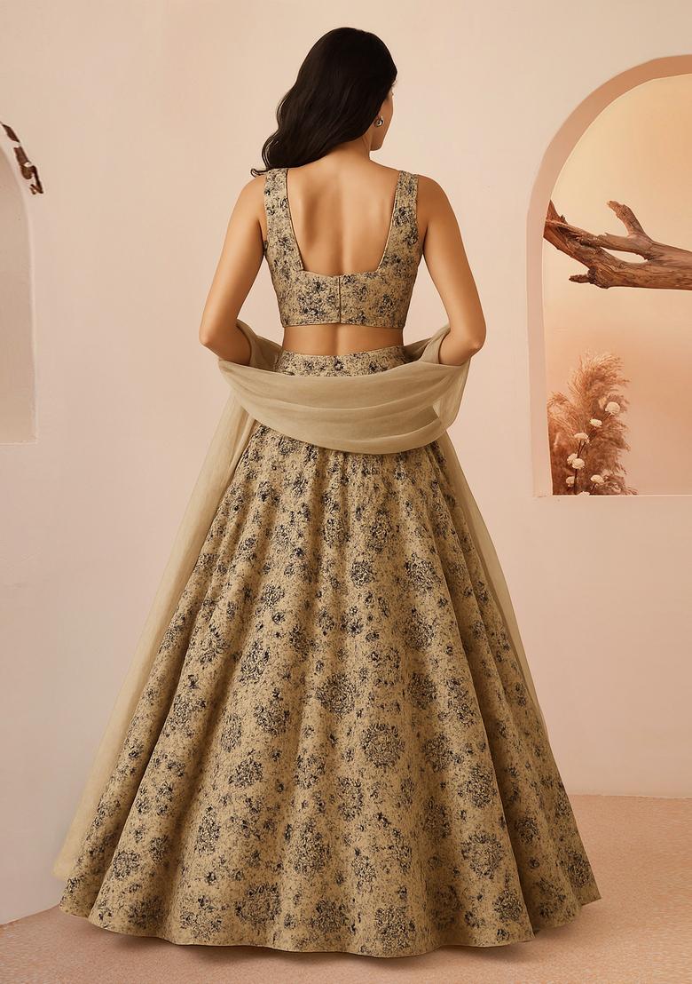Brown Embroidered Cotton Lehenga Set - Indya