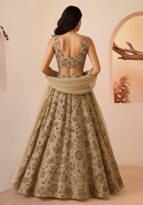 Brown Embroidered Cotton Lehenga Set