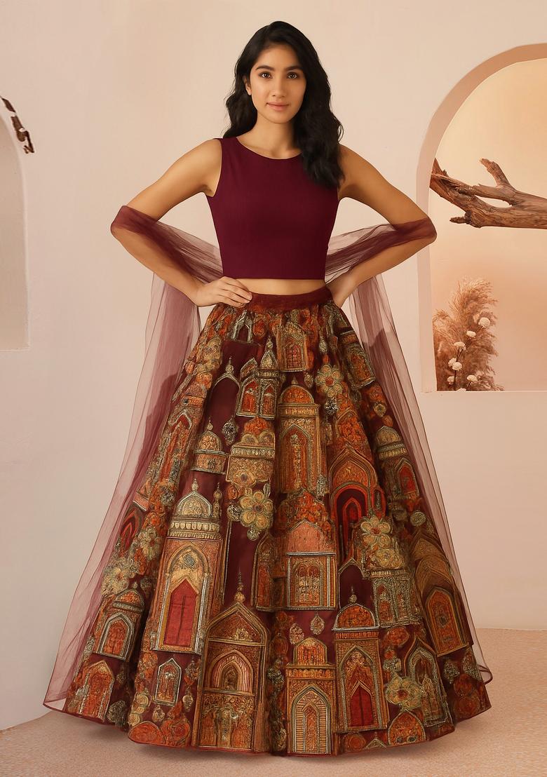 Rust Embroidered Crepe Lehenga Set