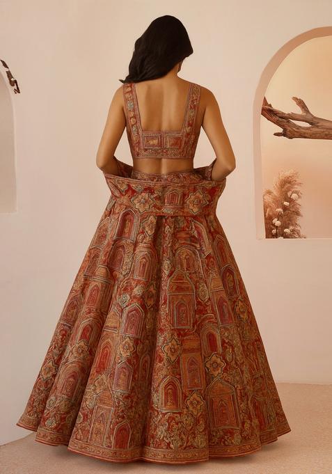 Rust Embroidered Crepe Lehenga Set