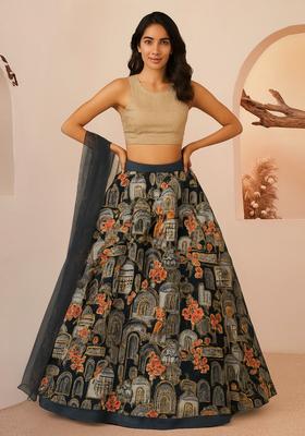 Blue Embroidered Crepe Lehenga Set