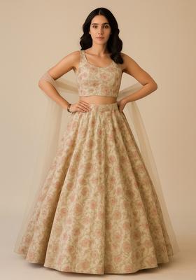 Beige Printed Organza Lehenga Set