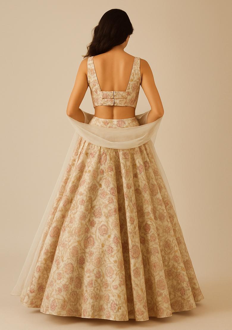 Beige Printed Organza Lehenga Set - Indya