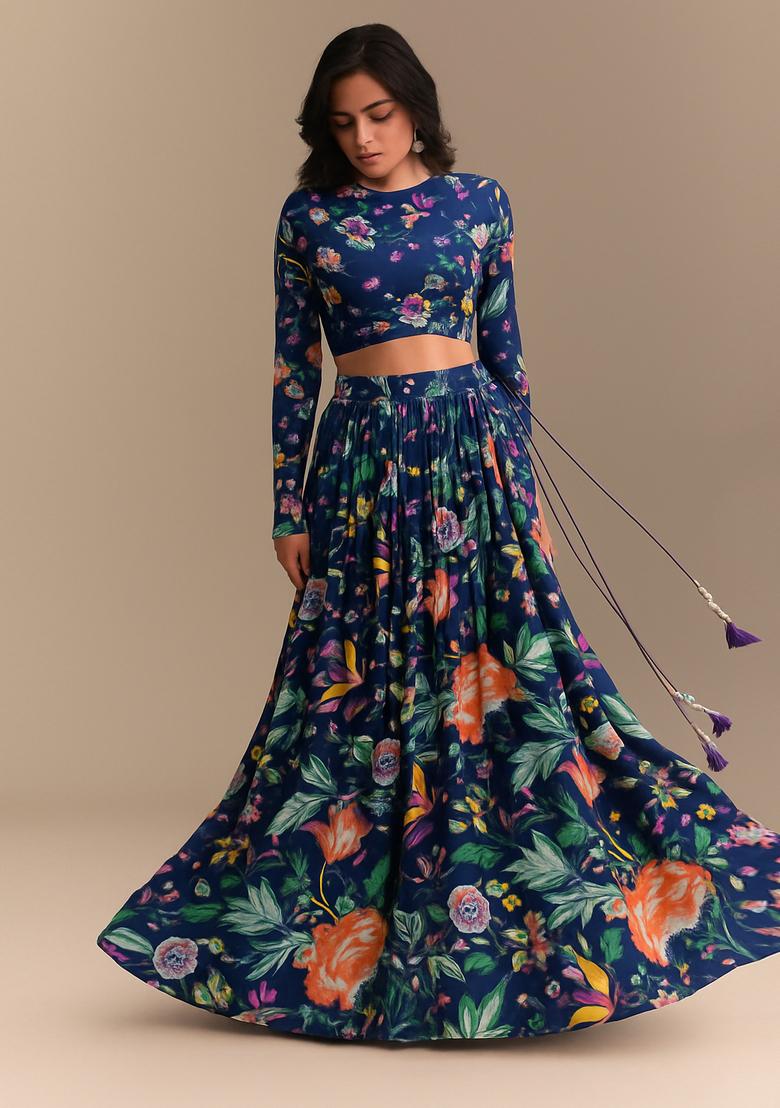 Blue Printed Crop Top Skirt Set
