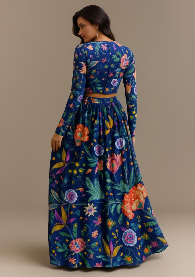 Blue Printed Crop Top Skirt Set