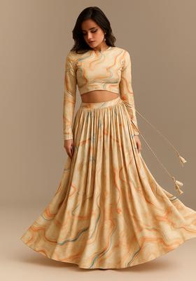 Cream Printed  Lehenga Set