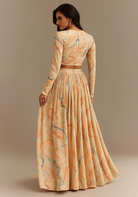 Cream Printed Lehenga Set