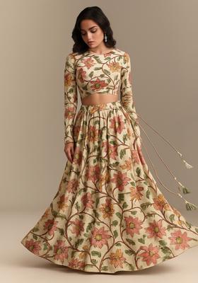 Beige Printed Lehenga Set