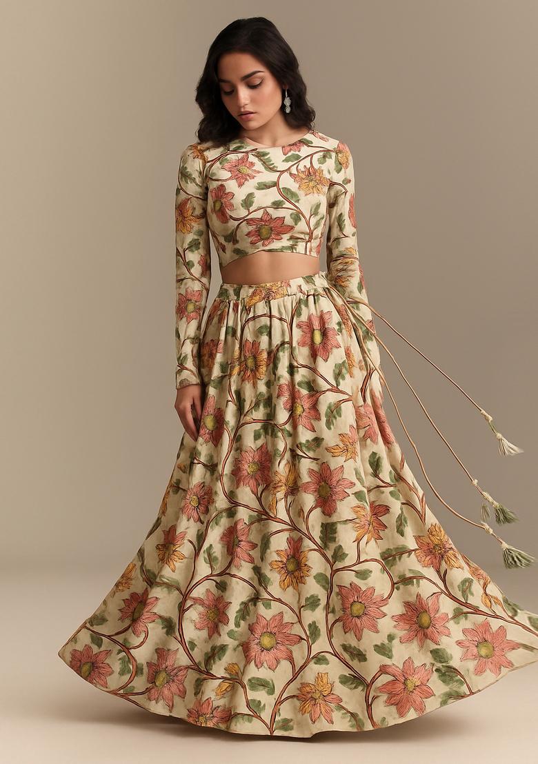 Beige Printed Lehenga Set
