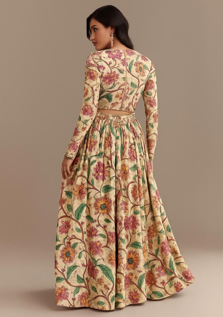Beige Printed Lehenga Set