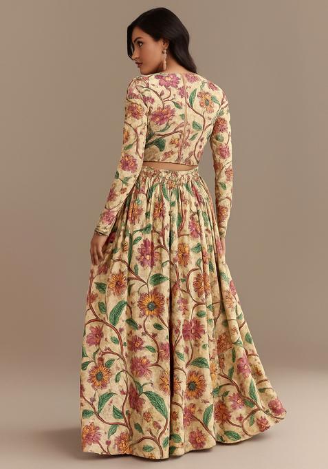 Beige Printed Lehenga Set