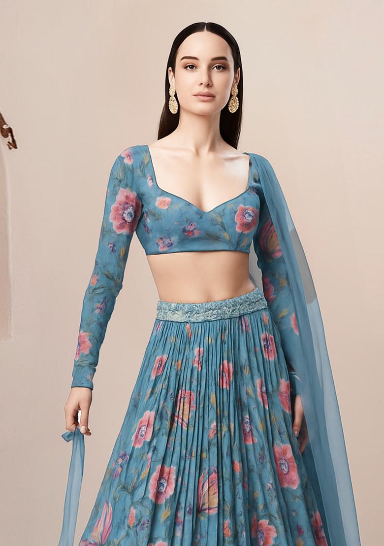 Blue Printed Lehenga Set - Indya