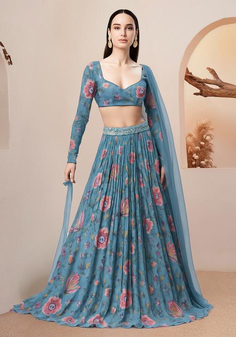 Blue Printed Lehenga Set